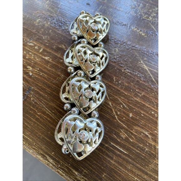 Mom Hearts Charms Chain Bracelet Silver Tone Crystal Elastic Stretch - Picture 5 of 5